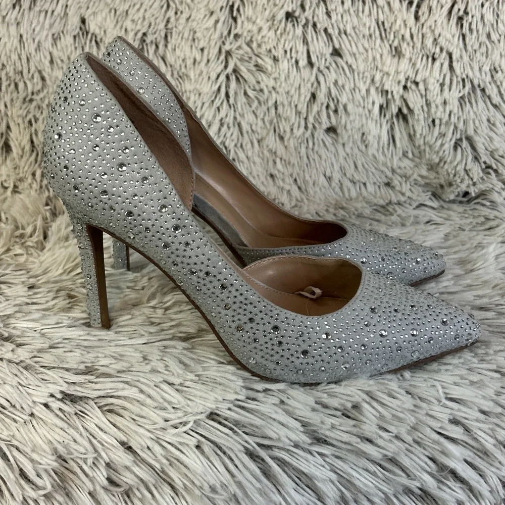 BCBG‎ Generation Silver Rhinestone Glitter D'orsay Stiletto Pointed Toe Sz 7.5